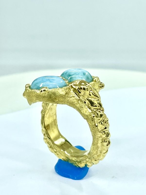 Anello in  ottone e Larimar con testa e coda di serpente - immagine 7